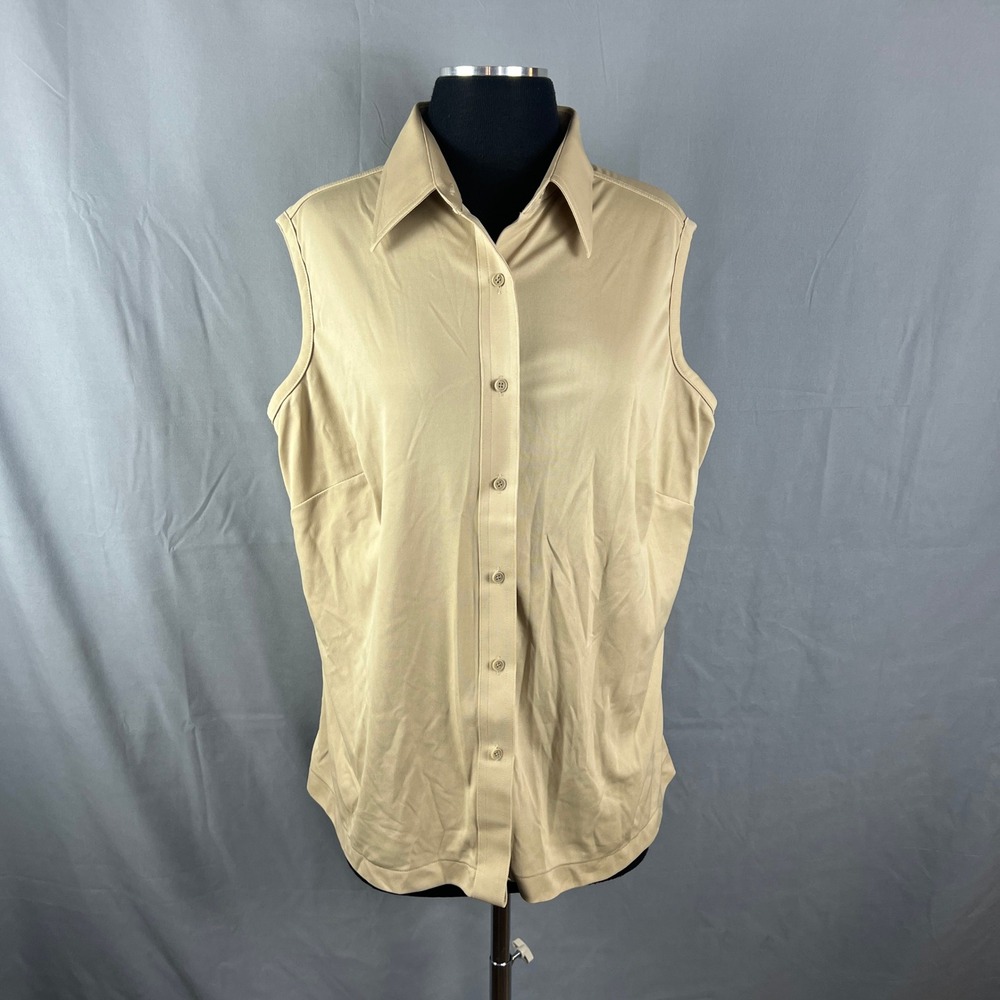 Vintage Sears Perma Prest Shirt Womens 42 Beige Sleeveless Button Front Collared